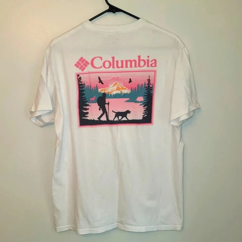 *4/$20 TEE*COLUMBIA men's Large short sleeve hiking by lake sunset w/dog LOT-E